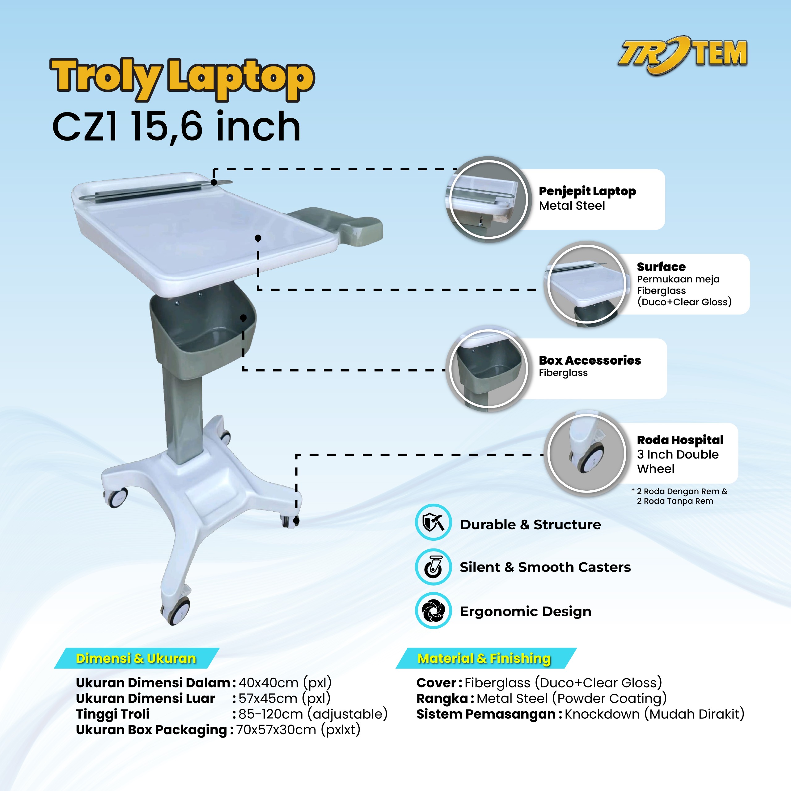 Troli Laptop Cz1 15,6 Inch Hospital & Office Trolley by Trotem