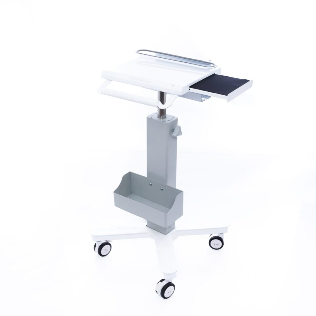 penggunaan material dominan metal steel pada trolley laptop model bahan besi Trotem